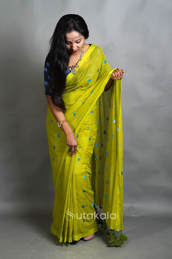 Green Linen Cotton Saree with Handwoven Motifs