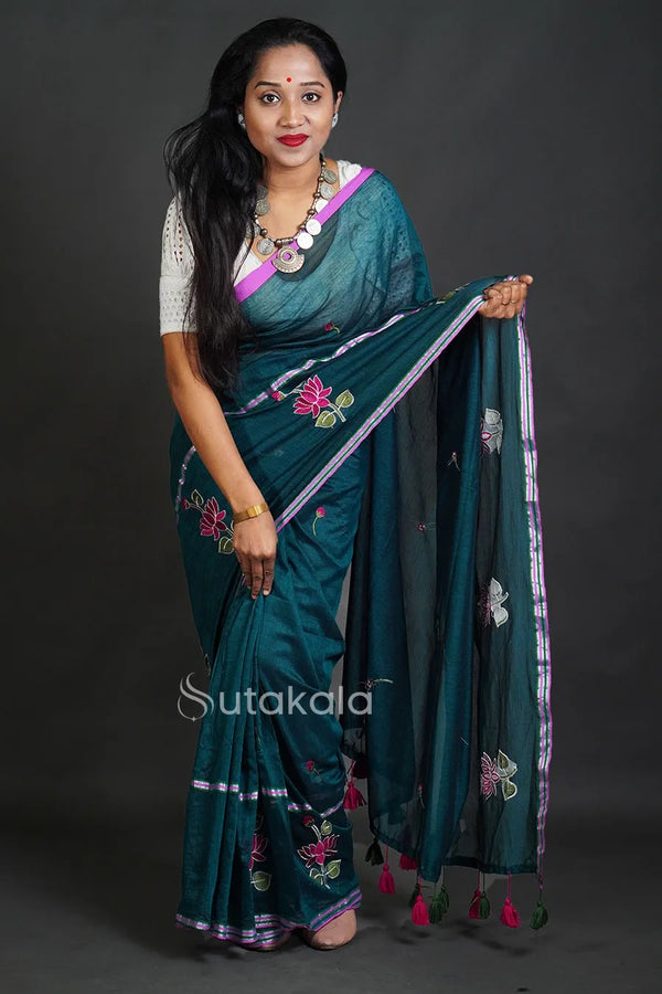 Elegant Cotton Saree with Intricate Floral Thread Work & Silver Border