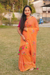 Orange Mul Cotton Saree with Thread Work Embroidery
