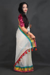 Off-White Cotton Saree with Pink Border & Elegant Thread Work