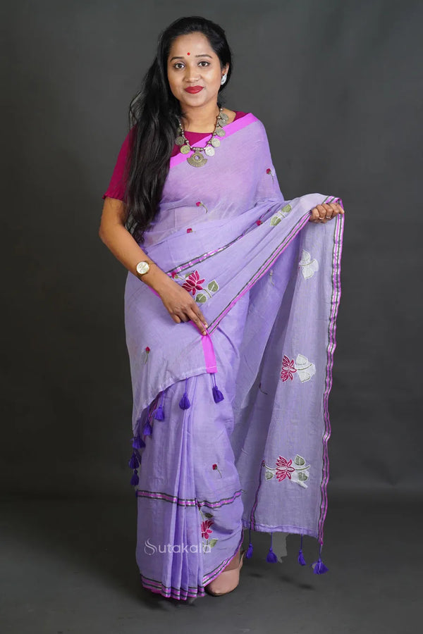 Violet Mul Cotton Saree with Thread Work Embroidery