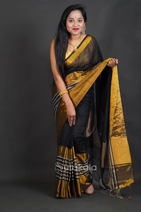 Black & Gold Tissue Silk Saree with Classic Contrast Border