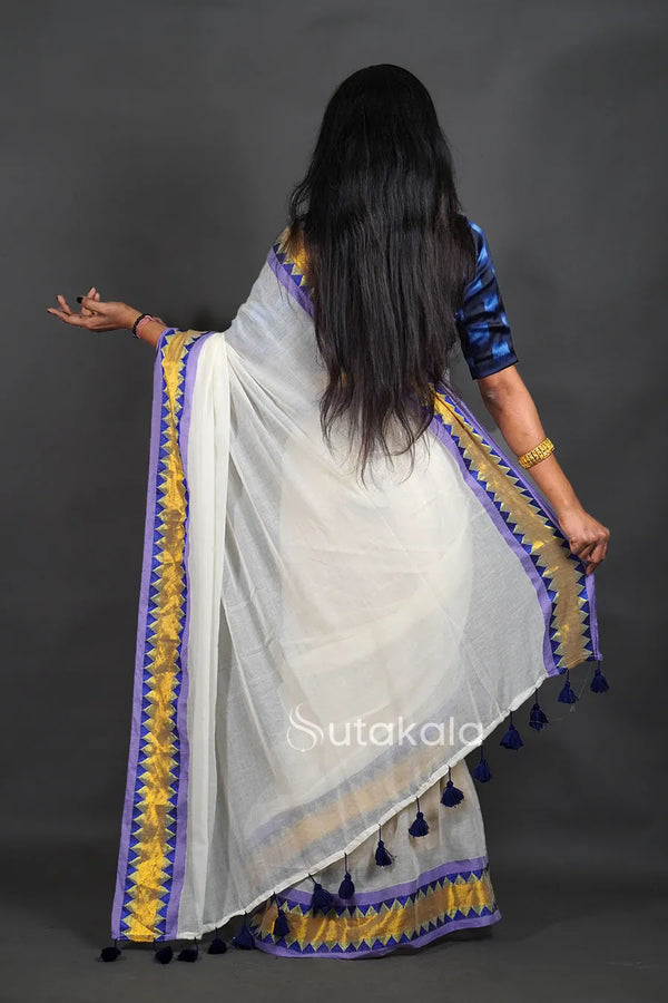 Off-White Cotton Saree with Blue Border & Elegant Thread Work