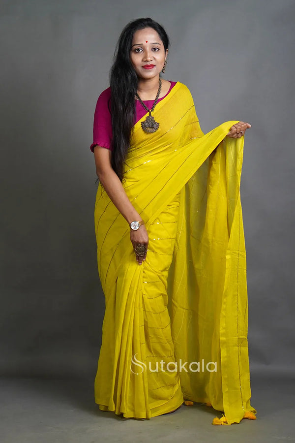 Bright Yellow MalCotton Saree with Subtle Stripe Detailing