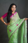 Green Mul Cotton Saree with Thread Work Embroidery