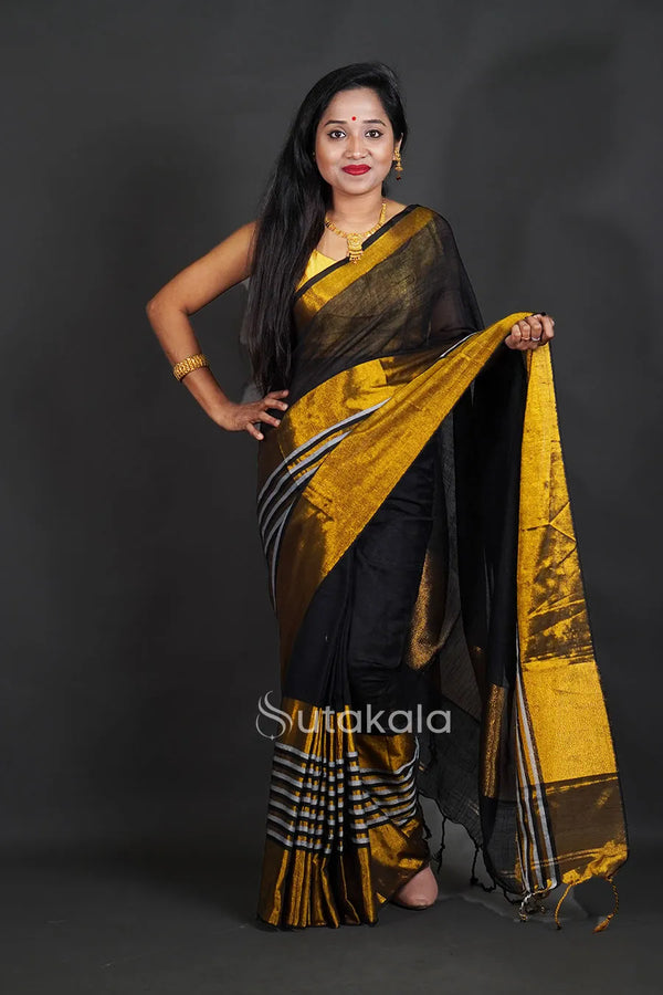 Black & Gold Tissue Silk Saree with Classic Contrast Border
