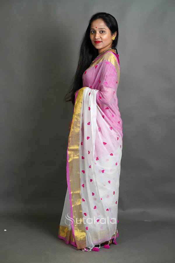 White & Pink Cotton Silk Saree with Handwoven Motifs and Gold Border
