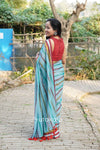 Multicolour Blue Mul Cotton Striped Saree With BP
