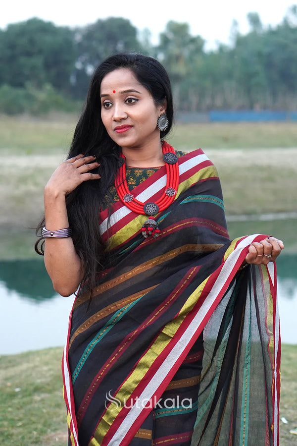 Black Based Multicolor Mul Cotton Striped Saree