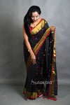 Black Cotton Silk Saree with Handwoven Motifs and Gold Border