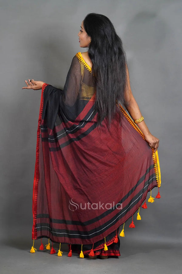 Black Mul Cotton Saree with Thread Border