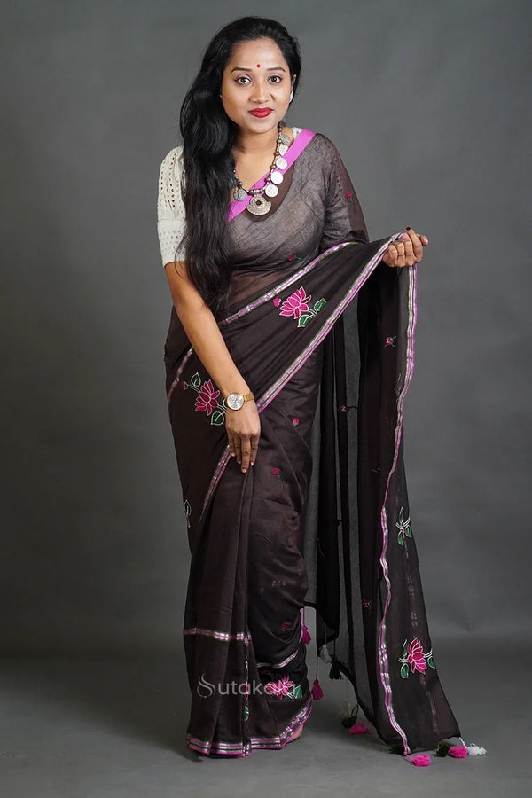 Dark Coffee Cotton Saree with Thread Work Embroidery