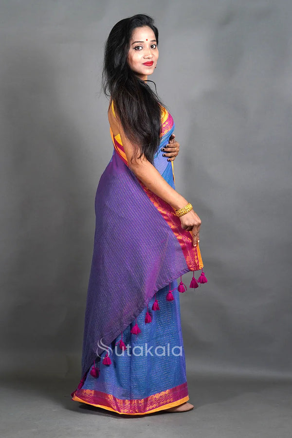 Blue Mul Cotton Saree with Golder Zari Work