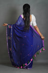 Elegant Cotton Saree with Floral Thread Work & Silver Border