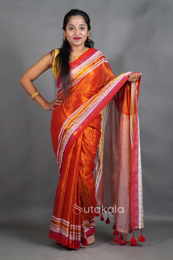 Rust Orange Tissue Silk Saree with Contrast Border & Tassel Pallu