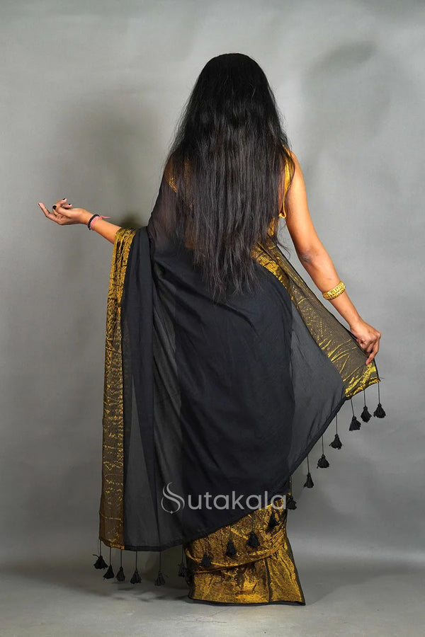 Black Mul Cotton Saree with Golden Border