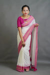 Off-White Cotton Saree with Pink Border & Elegant Thread Work Detailing