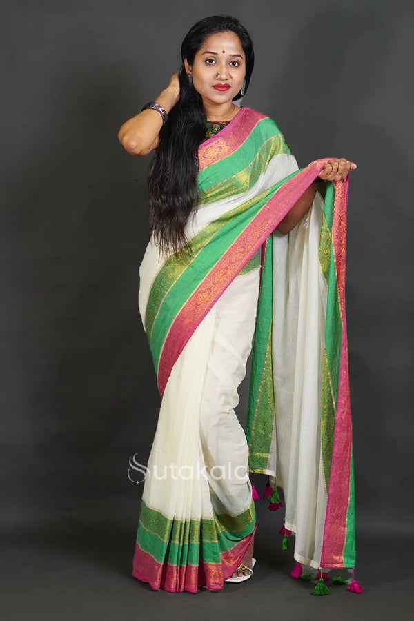 Elegant Off-White Cotton Silk Saree with Zari Border and Tassels