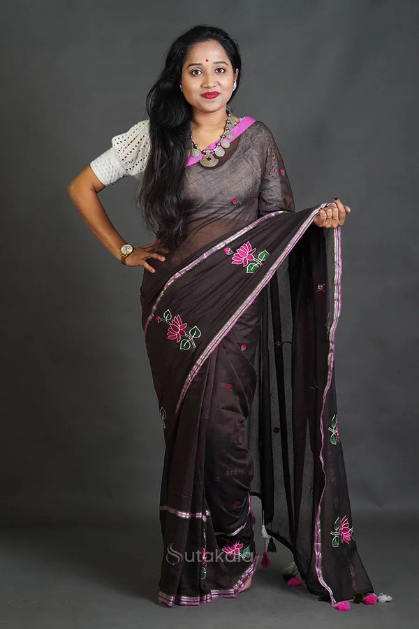 Dark Coffee Cotton Saree with Thread Work Embroidery
