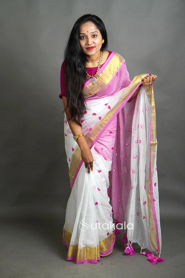 White & Pink Cotton Silk Saree with Handwoven Motifs and Gold Border