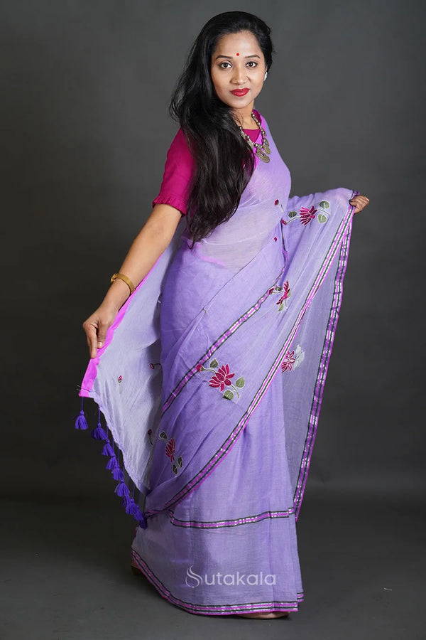 Violet Mul Cotton Saree with Thread Work Embroidery