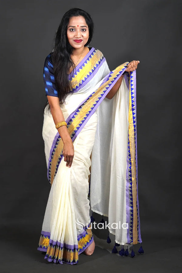 Off-White Cotton Saree with Blue Border & Elegant Thread Work