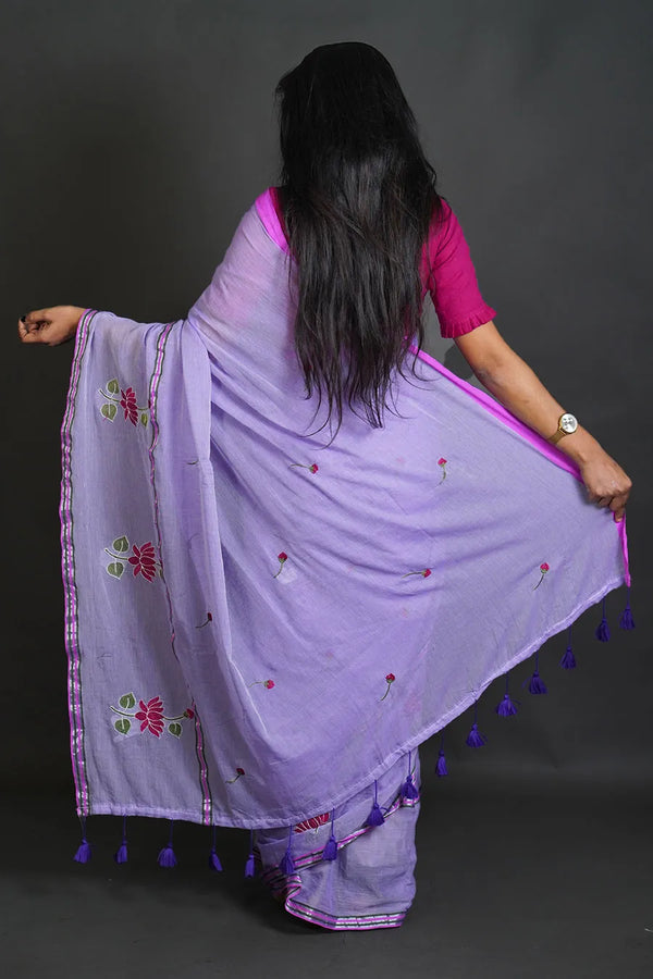 Violet Mul Cotton Saree with Thread Work Embroidery