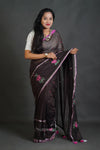 Dark Coffee Cotton Saree with Thread Work Embroidery