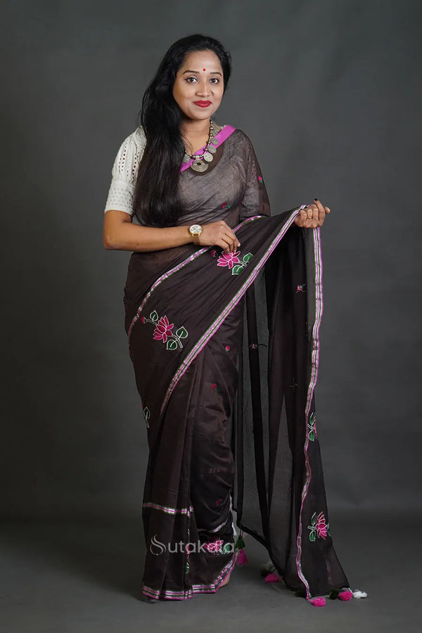 Dark Coffee Cotton Saree with Thread Work Embroidery