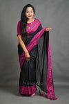 Black Cotton Saree with Magenta Border & Elegant Thread Work
