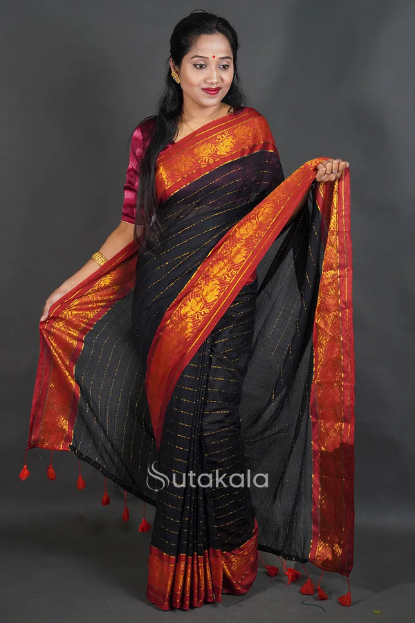 Black Mul Cotton Saree with Red & Gold Thread Work