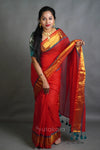 Red Cotton Saree with Golden Border & Elegant Thread Work