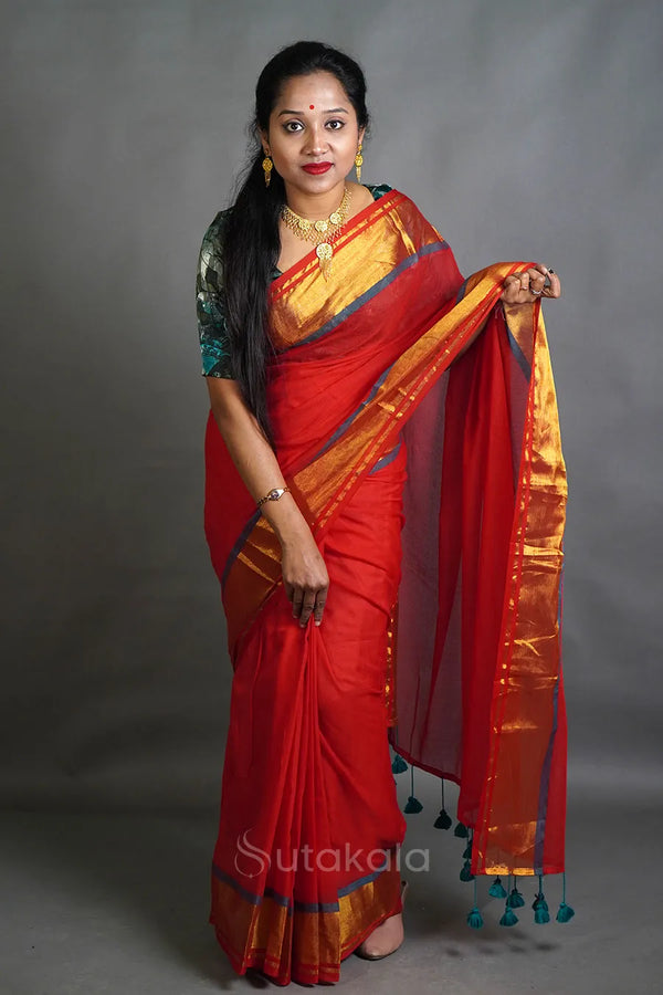 Red Cotton Saree with Golden Border & Elegant Thread Work