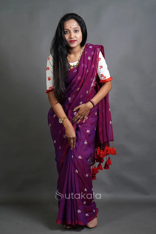 Mul Cotton Saree with All-Over Floral Thread Work