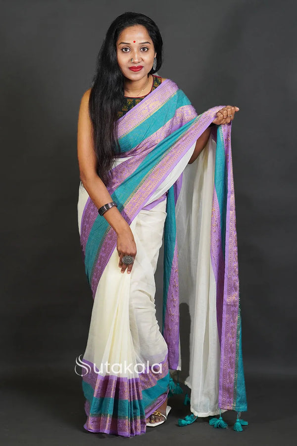 Elegant Off-White Cotton Silk Saree with Border and Tassels