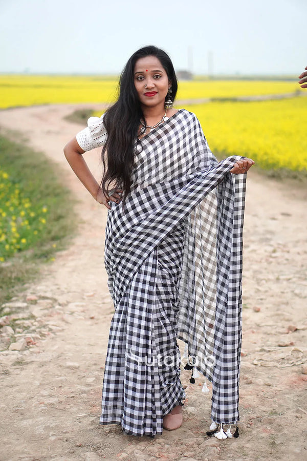 Black & White Checked Cotton Saree with Tassel Pallu