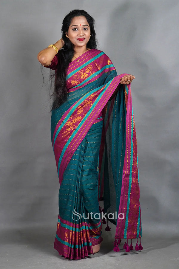 Sea Green Mul Cotton Saree with Fancy Border