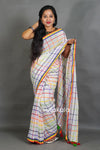 White Linen Cotton Saree with Multicolor Check Pattern