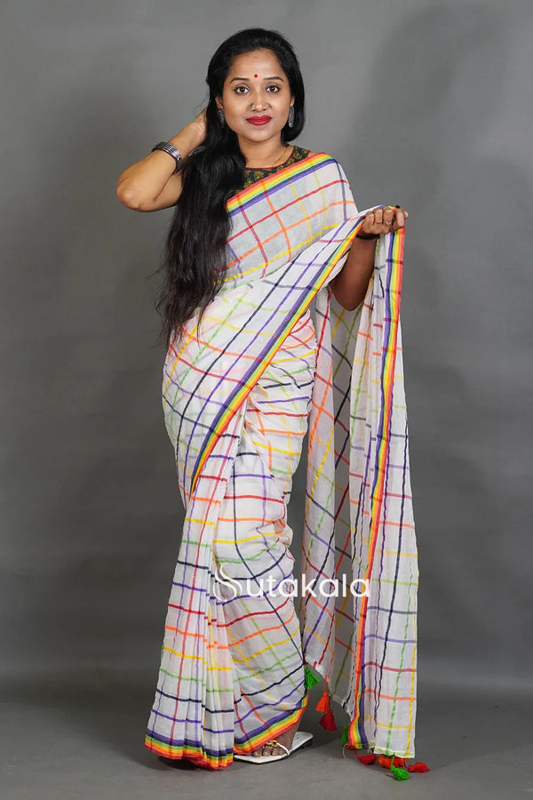 White Linen Cotton Saree with Multicolor Check Pattern