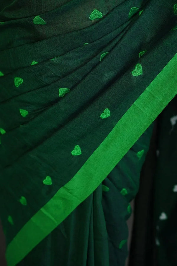 Deep Green Women's Khadi Cotton Saree with Heart Motif & Contrast Border