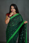 Deep Green Women's Khadi Cotton Saree with Heart Motif & Contrast Border