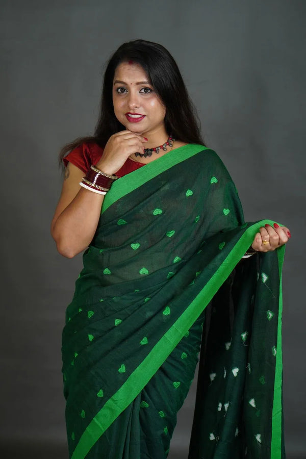 Deep Green Women's Khadi Cotton Saree with Heart Motif & Contrast Border