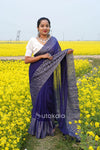 Blue Malmal Cotton Saree with White Striped Border