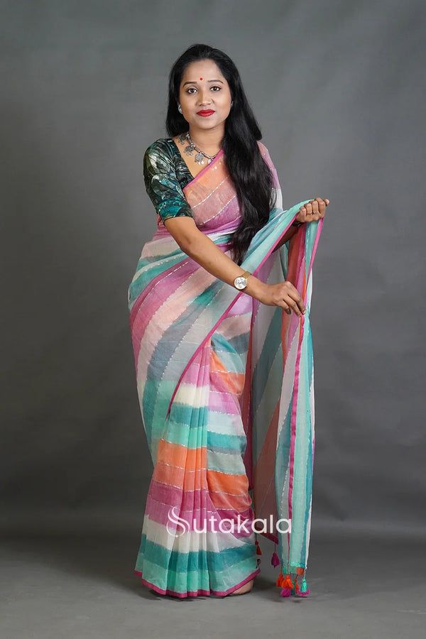 Pastel Multicolor Striped Cotton Saree with Tassel Pallu