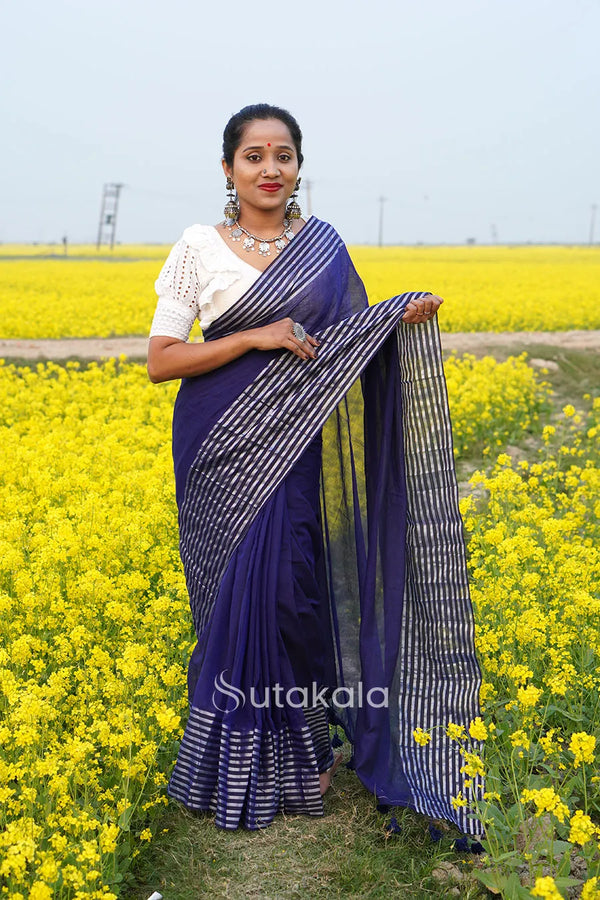 Blue Malmal Cotton Saree with White Striped Border