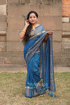 Blue Malmal Cotton Saree with golden Striped Border