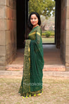 Green Malmal Cotton Saree with Golden Striped Border