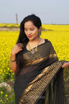 Black Malmal Cotton Saree with Golden Striped Border