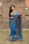 Blue Malmal Cotton Saree with golden Striped Border