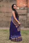 Blue Malmal Cotton Saree with Copper Striped Border